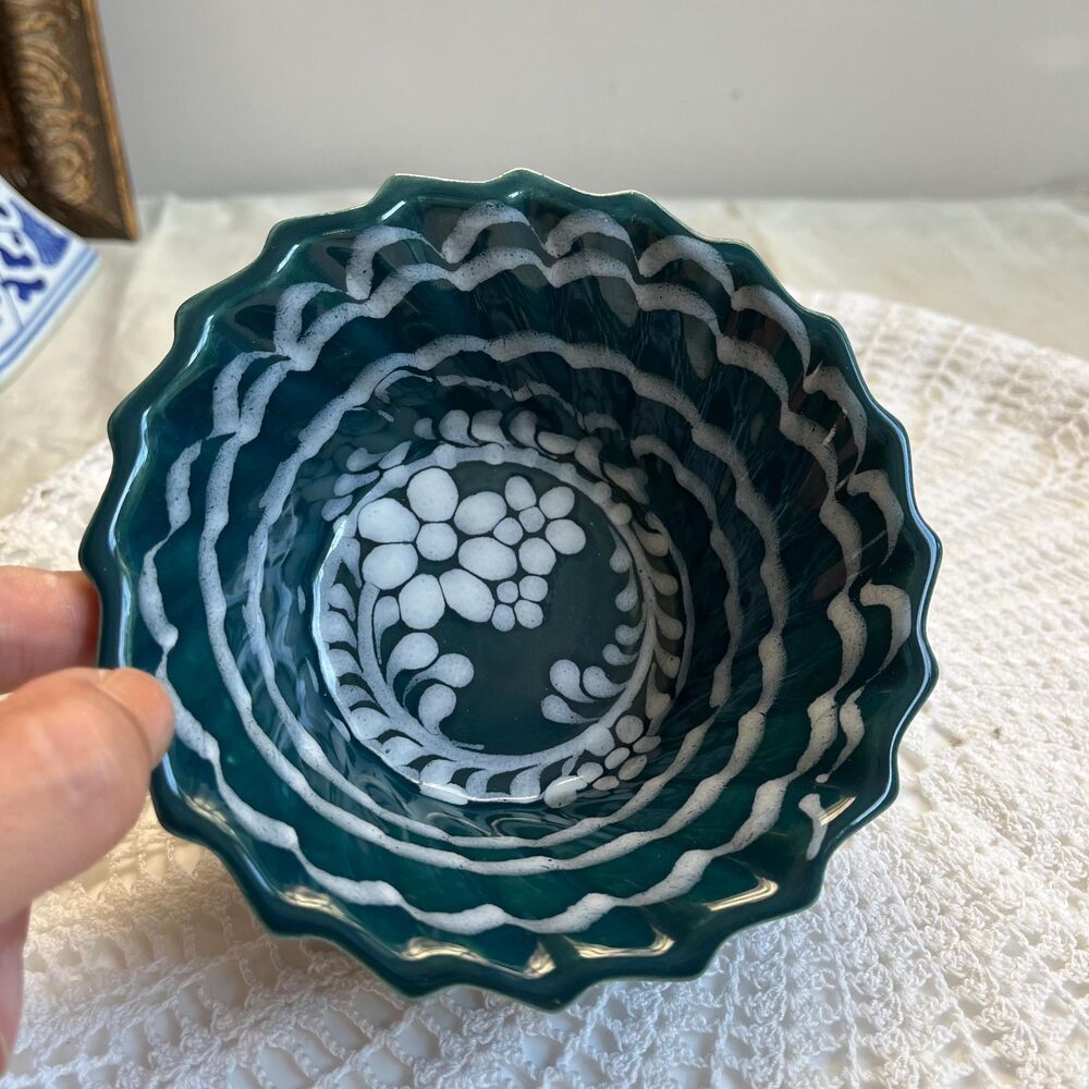 Vintage Signed Larson Studio Art Floral Teal Swirled Trinket Bowl Dish 4.75"